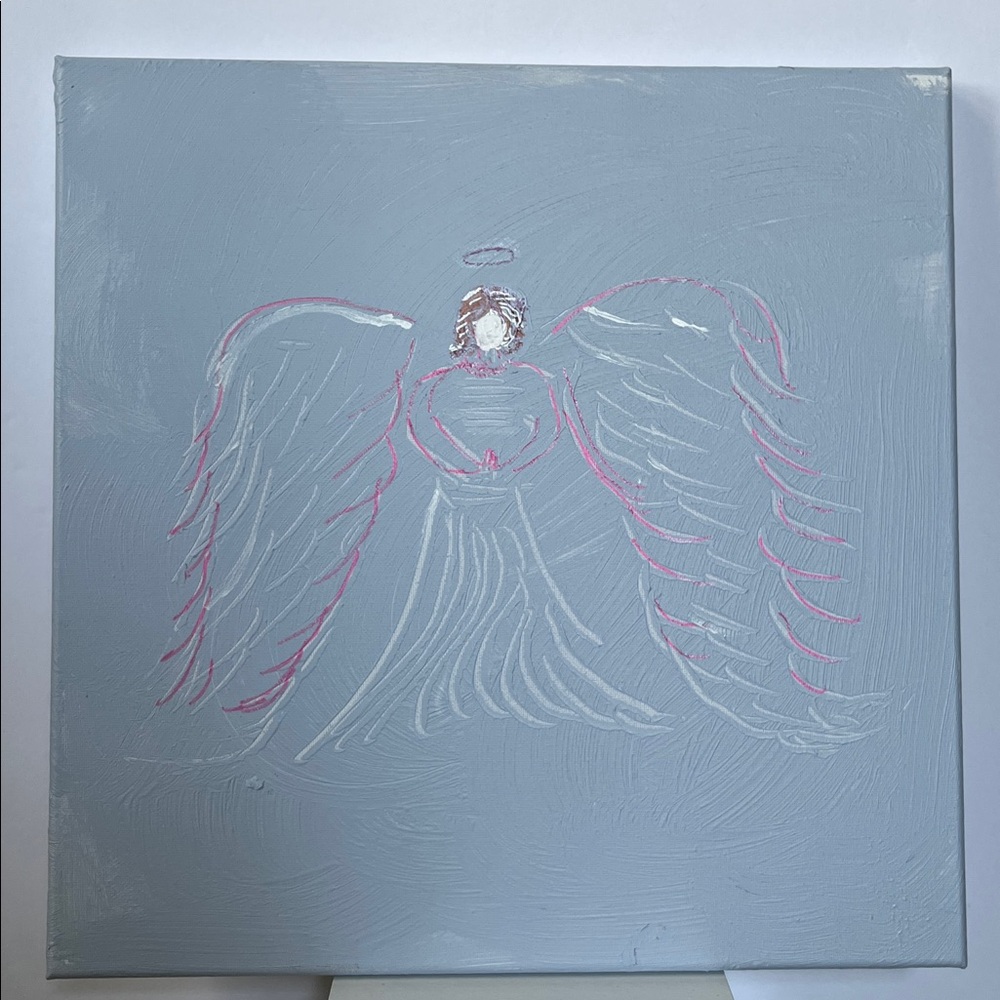 Hand-Painted Angel Wall Art in Light Gray with Pink Accents